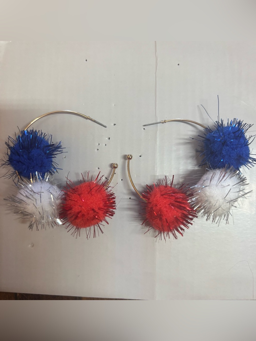 Red white and blue pom hoop earrings